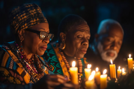 Three senior African Americans holding candles during a ceremony in the darkの素材
