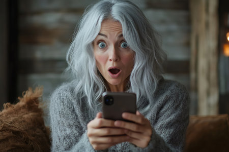 Surprised mature woman with gray hair holding a smartphone and looking with an open mouthの素材
