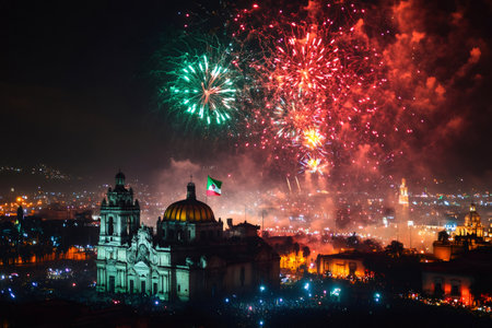 Puebla Cathedral illuminating during Mexico Independence Day celebrations with fireworks exploding aboveの素材