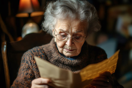 Senior woman reading a letter sitting on a wooden chairの素材