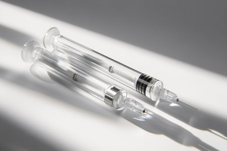 Two empty syringes are laying on a white surface and casting shadowsの素材
