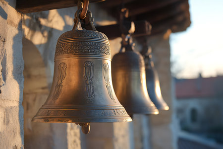 Golden church bells with embossed floral decorations hanging outside at sunset waiting to be rungの素材