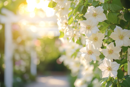 Beautiful white clematis flowers creating a dreamy atmosphere in a gardenの素材