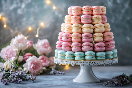 Pyramid of colorful macarons on a white cake stand with a bouquet of flowers and string lights in the background, creating a festive atmosphereの素材