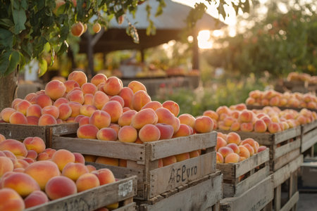 Fresh peaches overflowing from wooden crates at a farmers market, bathed in the golden light of sunsetの素材