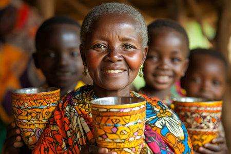 African grandmother and children holding traditional decorated cups, representing culture, family and hope in their communityの素材