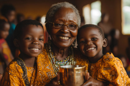 African grandmother holding a cup and smiling with two grandchildren wearing traditional orange clothesの素材