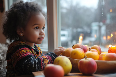 Curious child admiring the snowy cityscape outside the window, with a basket of apples on the tableの素材