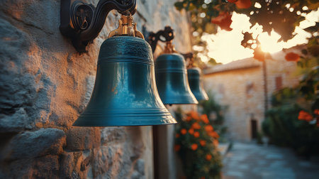 Three church bells hanging on a stone wall in a charming village at sunsetの素材