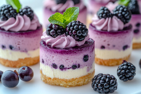 Small blackberry cheesecakes with whipped cream and fresh mint leaves sitting on a white plateの素材