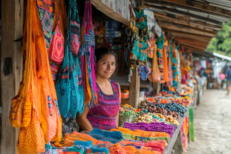 Latin American craftswoman working at her colorful souvenir stall, selling traditional handmade bags and necklacesの素材