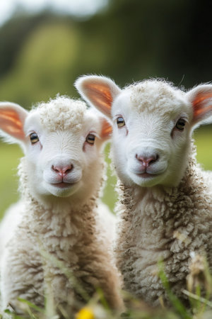 Two cute lambs are posing in the grass of a meadowの素材