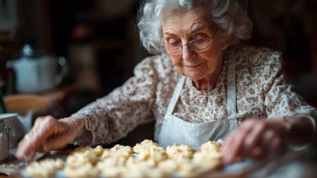 Grandmother wearing apron preparing homemade cookies in her kitchenの素材