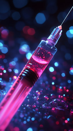 Medical syringe with pink liquid on a reflecting surface with neon lights and bokehの素材