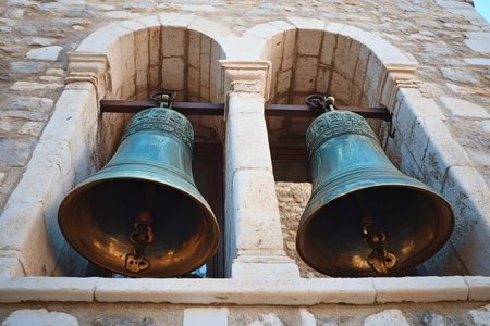 Two large bronze bells hang in the archway of a stone bell tower, creating a timeless image of tradition and soundの素材