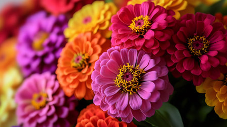 Close-up of colorful Zinnia elegans flowers creating a vibrant and cheerful atmosphereの素材