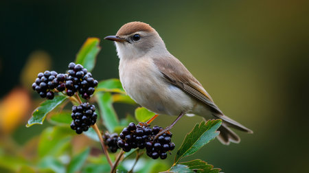 Common whitethroat standing on a branch with black berries, enjoying natureの素材