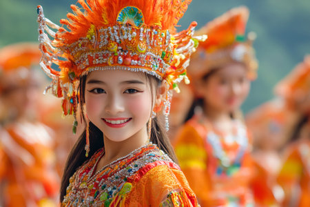 Portrait of smiling young Vietnamese girl wearing traditional ethnic clothing and headdress during local festivalの素材