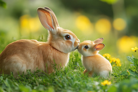 Adorable mother rabbit kissing her baby in a meadow with yellow flowersの素材