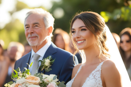 Father proudly walking daughter down the aisle at an outdoor wedding ceremonyの素材
