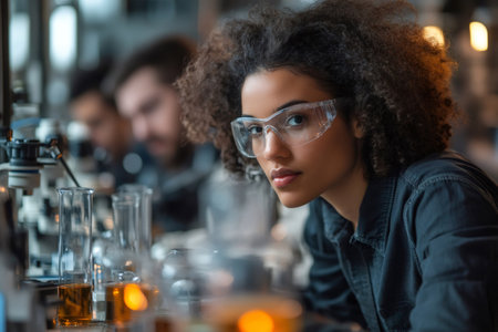 Young female scientist working with test tubes and microscope in a modern laboratory wearing protective glassesの素材