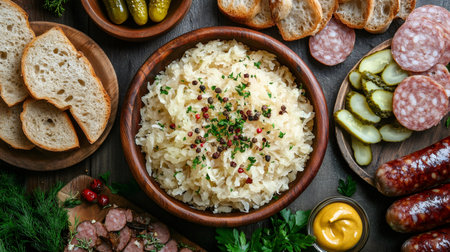 Wooden bowls containing sauerkraut, pickles, sausages, mustard, bread and cold cuts composing a bavarian meal seen from aboveの素材
