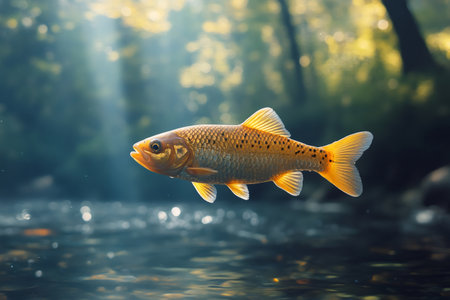 Golden fish swimming underwater in a river in a forest with sun raysの素材