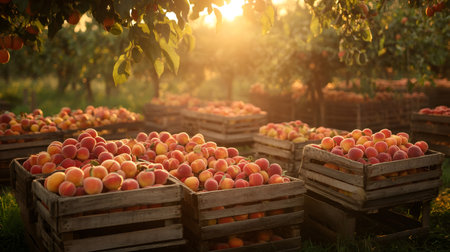 Crates full of freshly picked peaches illuminated by golden hour sunlight in orchardの素材