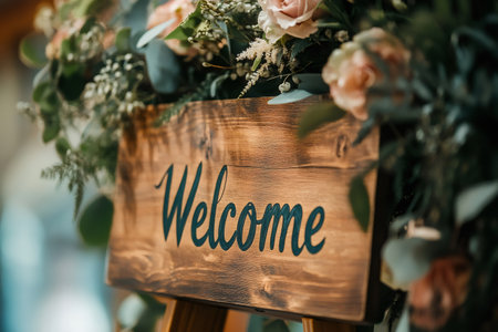 Rustic wooden welcome sign decorated with flowers and greenery, creating a warm and inviting atmosphere for guests arriving at the wedding receptionの素材