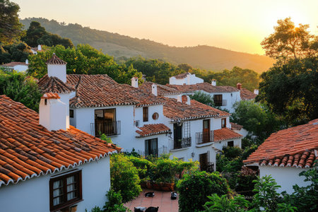Traditional white houses with orange roofs and chimneys, bathed in golden sunlight during a beautiful sunset in Benahavis, Spainの素材