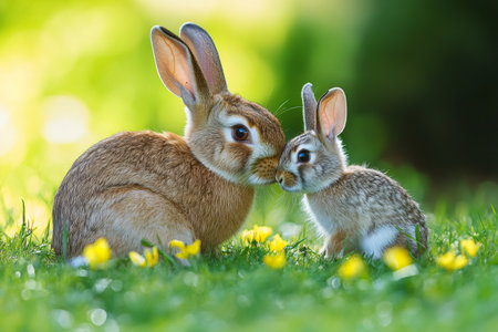 Mother rabbit and her bunny showing affection in a spring meadowの素材