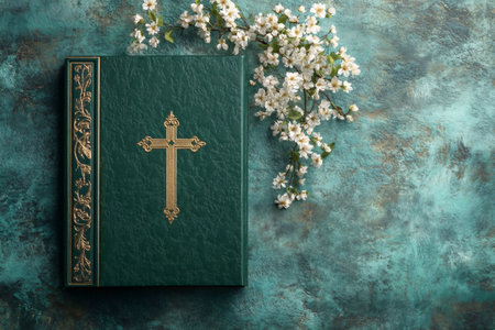 Green Holy Bible with golden cross resting near blooming spring flowers on textured background, conveying spirituality, faith, and renewalの素材