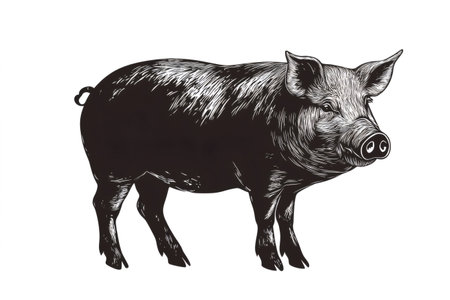 Vintage engraving of a black pig standing and showing its curly tail, isolated on white backgroundの素材