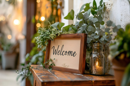 Wooden welcome sign with decorative plants and candle on a table greeting guestsの素材