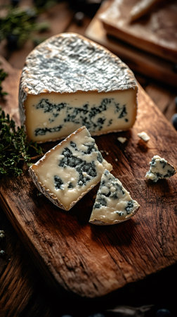 Blue cheese wheel with cut slices resting on rustic wooden cutting board, ready for tastingの素材