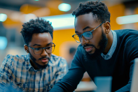 Two African American software developers are working together on a project in the office, collaborating and sharing ideasの素材