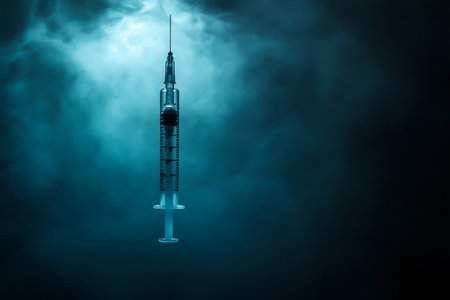 Syringe with needle hanging in a dark smoky atmosphere, representing drug addiction, healthcare, and medical challengesの素材