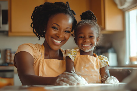 Happy mother and daughter wearing aprons preparing a cake together, kneading the dough, smiling and looking at cameraの素材