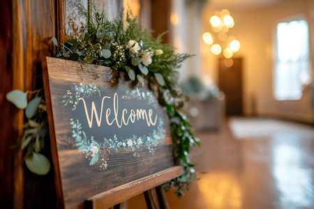 Rustic wooden welcome sign decorated with greenery welcomes guests to the wedding reception in an elegant venueの素材
