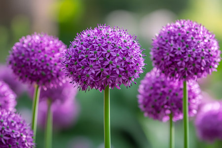 Close-up of vibrant purple allium flowers, adding a touch of beauty to a garden landscapeの素材