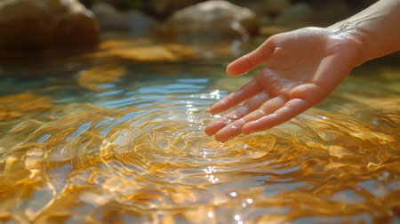 Hand touching relaxing golden hot spring water, creating concentric ripplesの素材