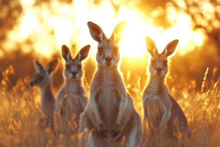 Four kangaroos standing in the Australian outback during a beautiful golden sunsetの素材