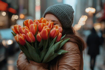 Young woman holding a bouquet of orange and yellow tulips in a city streetの素材