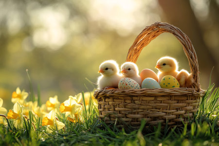 Three cute chicks sitting in wicker basket with colorful easter eggs surrounded by daffodils in spring at sunsetの素材