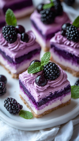 Mini blackberry cheesecake with whipped cream and mint leaves is waiting to be eatenの素材