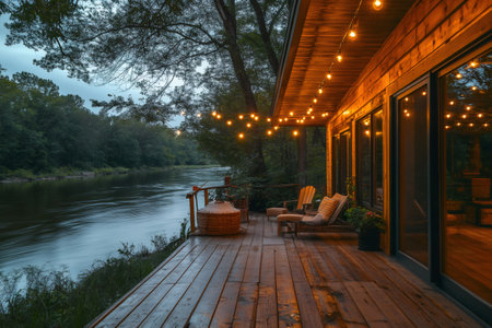 Cozy wooden cabin with illuminated deck overlooking tranquil river at dusk, creating a peaceful and inviting atmosphereの素材