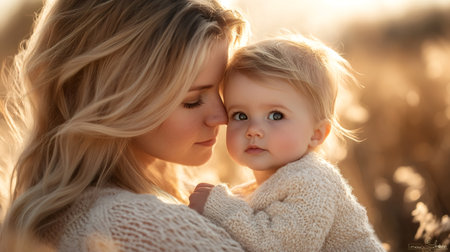 Mother and baby girl sharing a tender moment together in a wheat field, bathed in golden sunlightの素材
