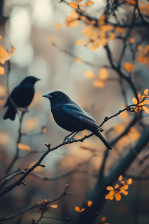 Pair of blackbirds standing on a thin branch of a tree with fall foliage in the backgroundの素材
