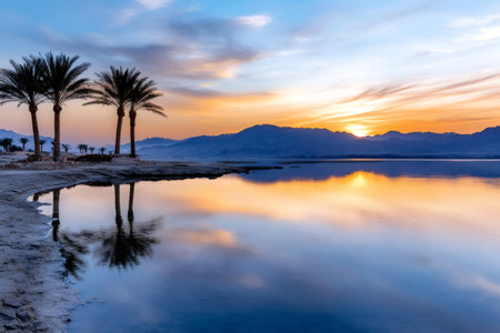 Beautiful sunrise reflecting on the Dead Sea, creating a colorful and peaceful sceneryの素材
