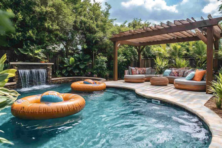 Inviting pool area with inflatable rings, waterfall feature, and pergola providing shade, perfect for summer relaxationの素材